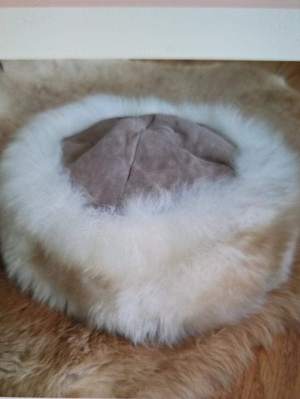 Women's Beige Suede Hat with White Faux Fur Trim
